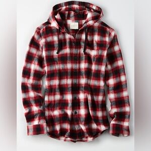 American Eagle Mens Plaid Hooded Flannel Shirt Size Medium Red Black Cotton